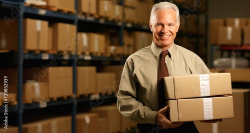 Portrait of confident mature businessman holding boxes in warehouse. This is a freight transportation and distribution warehouse. Industrial and industrial workers concept © YannTouvay