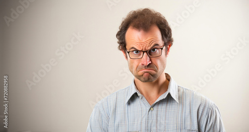 Middle age man with curly hair and glasses looking confused on gray background © YannTouvay