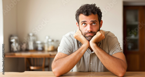 Man in his 30s having doubts while looking at the camera at home