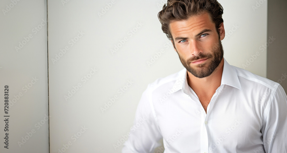 Portrait of a handsome young man in a white shirt looking at the camera Portrait of a handsome young man in a white shirt looking at the camera