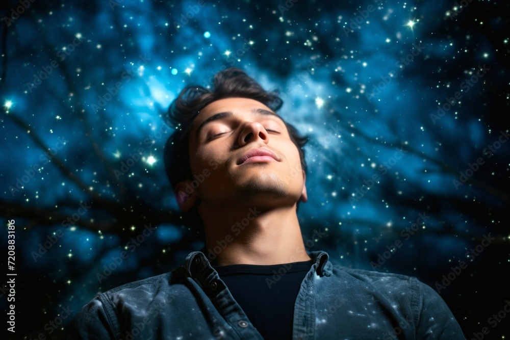 Portrait of a young man in a dark forest with stars in the background