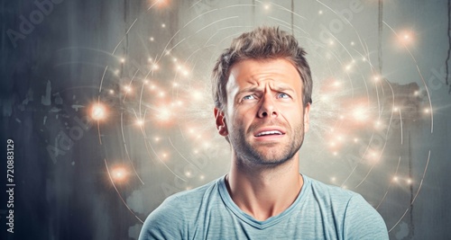 Stressed young man with global network connection concept on wall background.