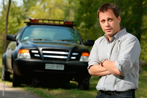 Man standing with his arms crossed in front of a broken car.