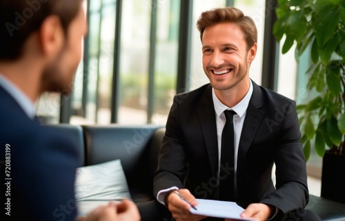 Smiling young businessman in suit talking to his colleague in the office