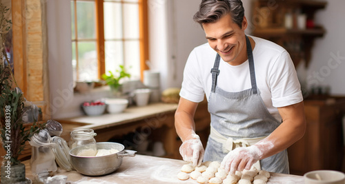 Handsome young man in apron kneading dough in the kitchen