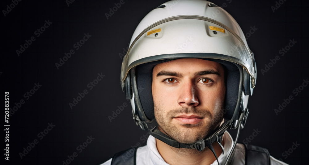 Portrait of a handsome young man wearing protective helmet against black background
