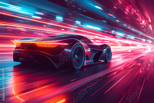 A futuristic sports car speeding through the darkness, leaving behind neon streaks. Created with generative AI. © Neon Hub