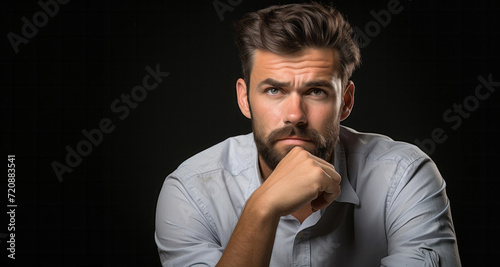 Handsome young man with beard thinking and looking up on black background