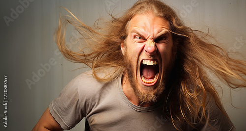 Portrait of angry man with long hair screaming in the air.