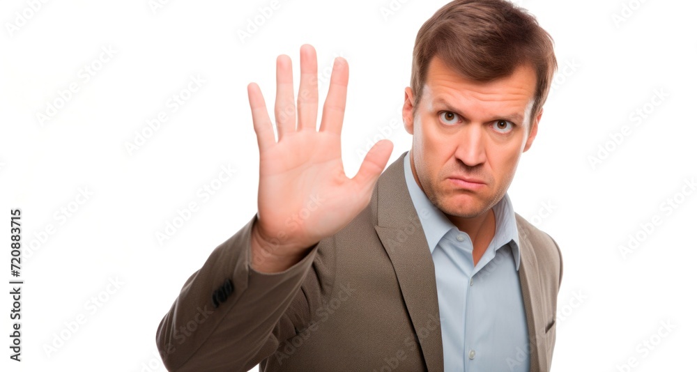 Young business man making stop gesture with his hand, isolated on white background Young business man making stop gesture with his hand, isolated on white background
