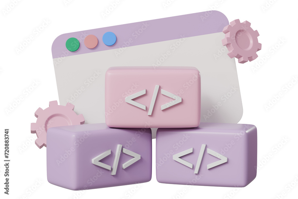 3D Coding language development with gear and web UX-Ui interface icon ...