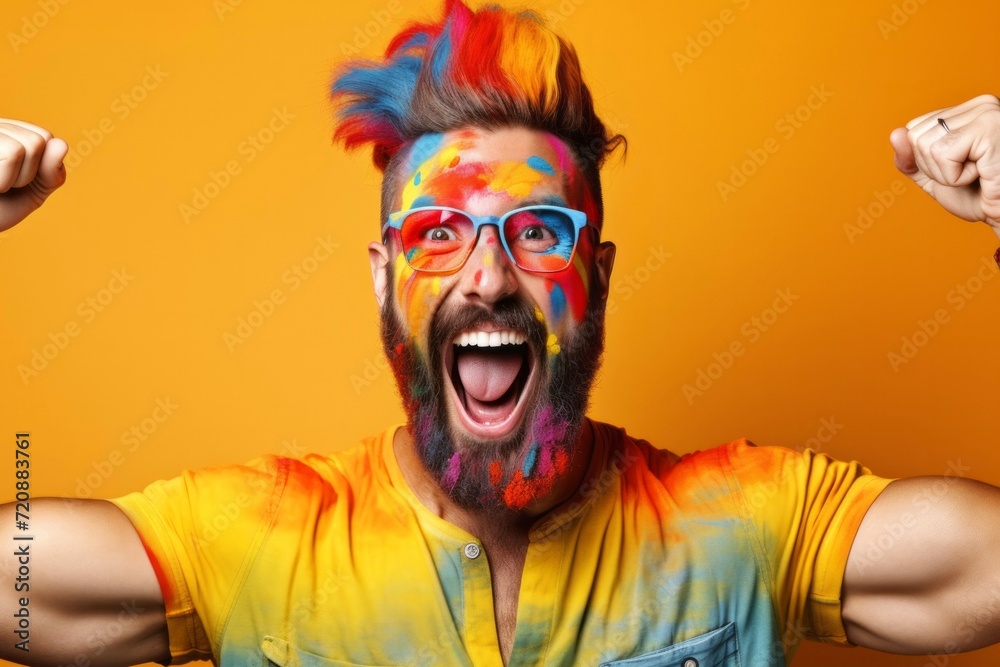 Portrait of a funny man with bright makeup and colorful hair.