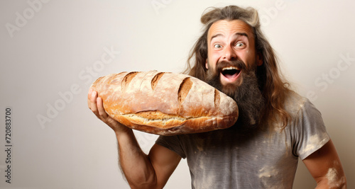 funny long-haired bearded man with a loaf of bread on a gray background