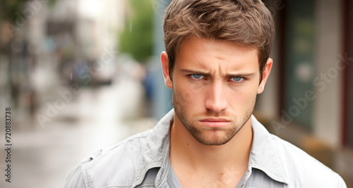 Portrait of a handsome young man standing in the street and looking at camera