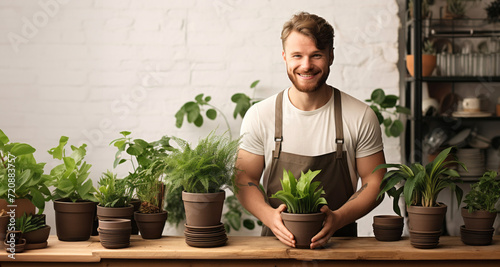 Handsome young gardener with plants in pots at table indoors