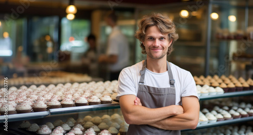 Portrait of a smiling man standing with arms crossed in a bakery