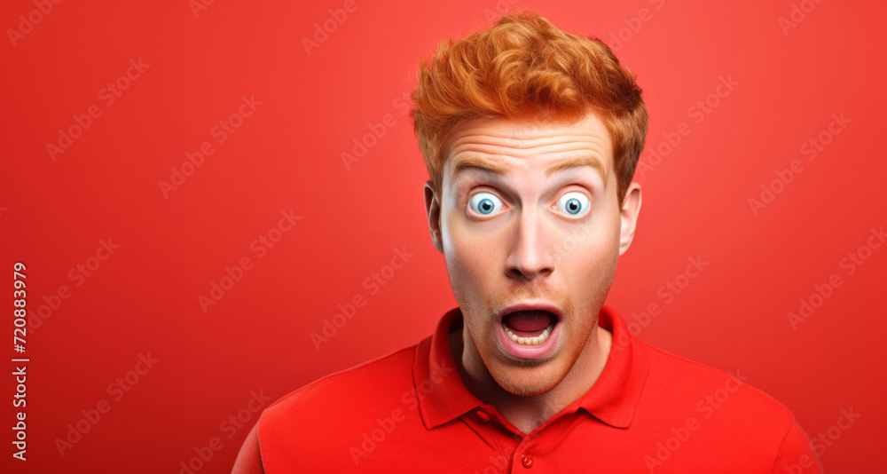 Surprised red-haired man in a red shirt on a red background Surprised red-haired man in a red shirt on a red background