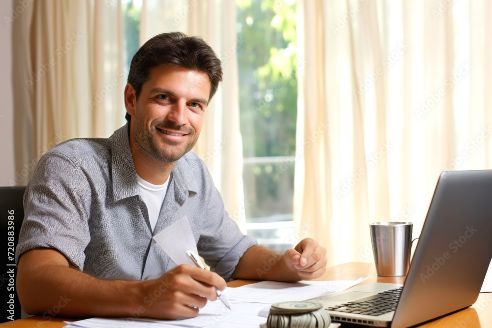 Handsome young man working at home with laptop computer and documents Handsome young man working at home with laptop computer and documents