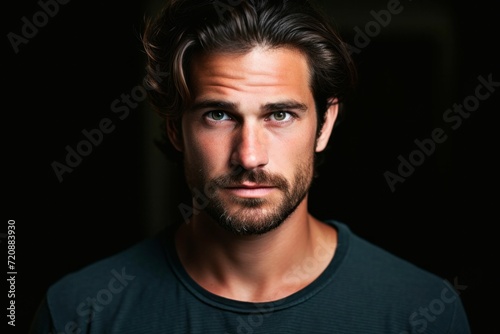 Portrait of a handsome young man looking at camera in dark room