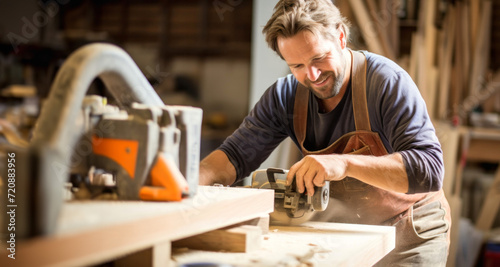 Carpenter working with a circular saw in his carpentry workshop