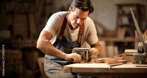 Carpenter working in his carpentry workshop, using a circular saw