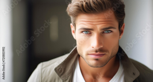 Portrait of a handsome young man with blue eyes looking at camera