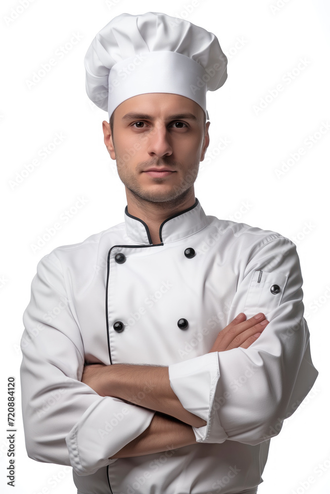 A professional chef, arms crossed, exudes confidence in a pristine white uniform and chef’s hat against a white background. A professional chef, arms crossed, exudes confidence in a pristine white uniform and chef’s hat against a white background.