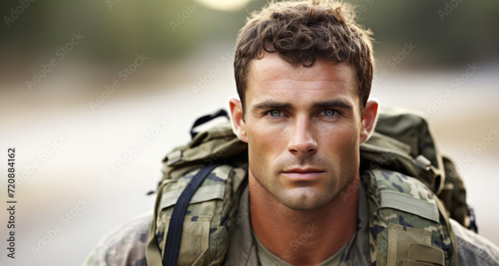 Portrait of a handsome soldier standing in the middle of a road