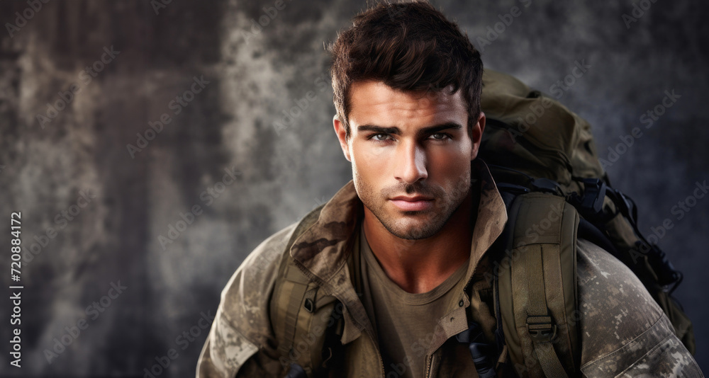 Portrait of a handsome soldier with backpack against grey grunge background