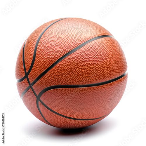A highly detailed close-up of an orange basketball showcasing its texture and design. Perfect for sports-themed designs and concepts. Isolated against a clean white background. © Sviatlana