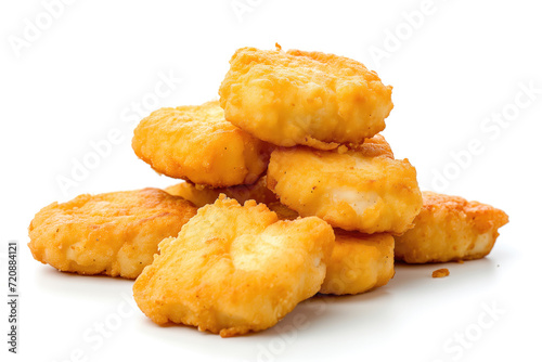 A close-up image showcasing a pile of golden, crispy fried chicken nuggets isolated against a white background, highlighting the texture and appetizing look.