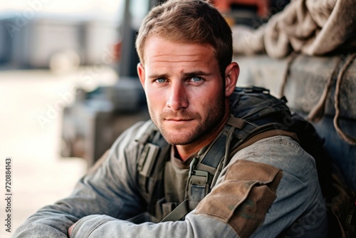Portrait of a handsome soldier on the background of a truck. © YannTouvay