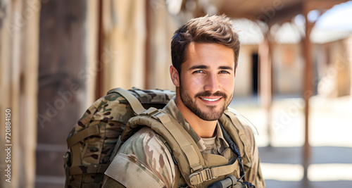 Portrait of a handsome young soldier standing outdoors and smiling at the camera