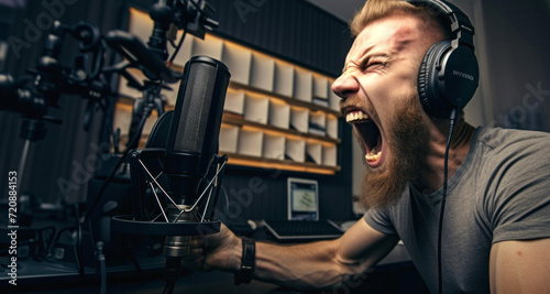 A man with a beard sings into a microphone in a recording studio