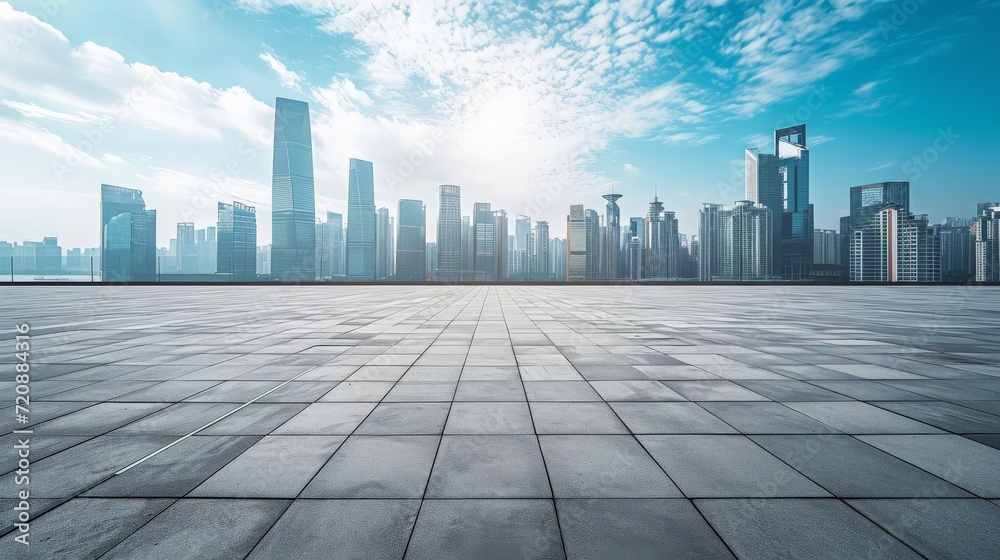 Empty square floor and city skyline with building background