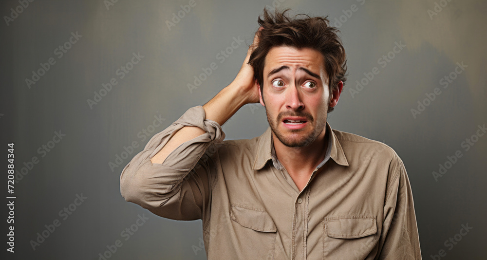 Handsome young man is suffering from headache on gray background.