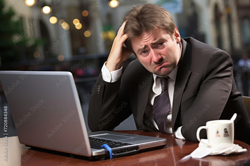 Stressed businessman sitting at a table with a laptop in a cafe Stressed businessman sitting at a table with a laptop in a cafe