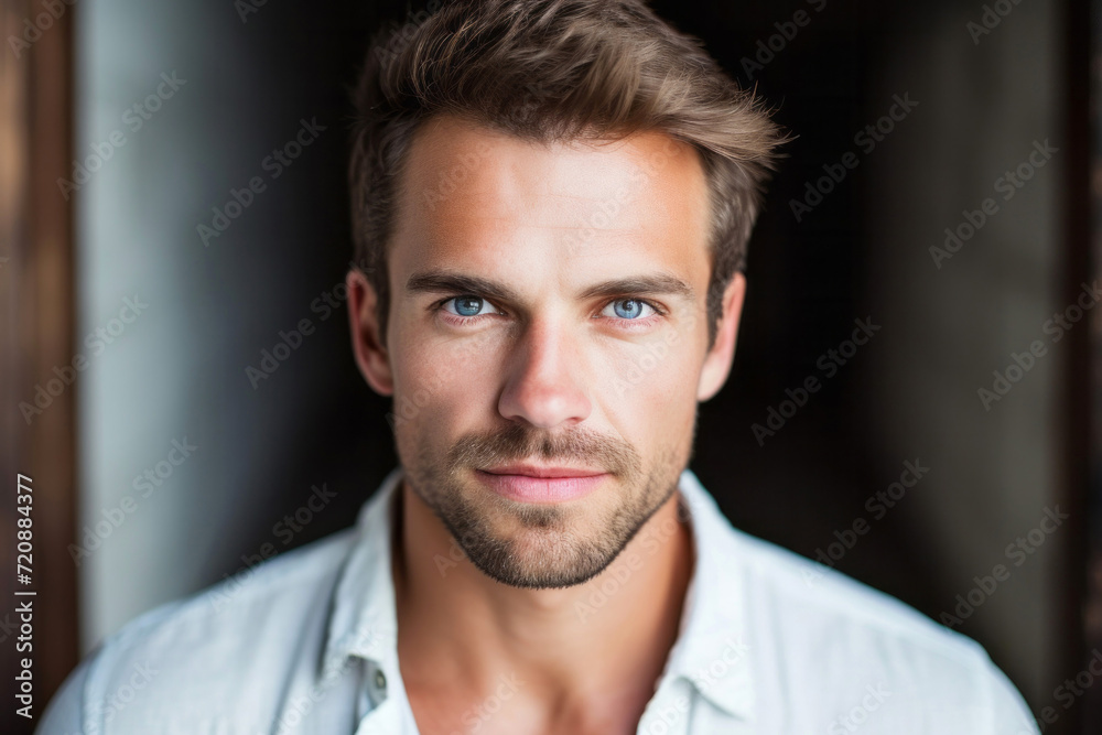 Portrait of a handsome young man smiling at camera in the doorway Portrait of a handsome young man smiling at camera in the doorway