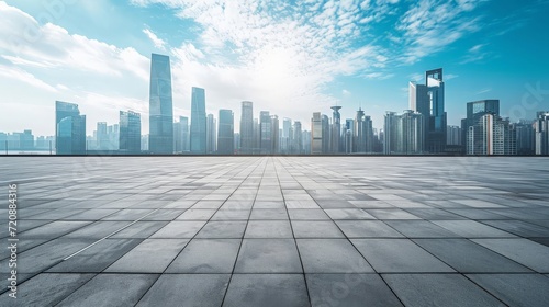 Empty square floor and city skyline with building background