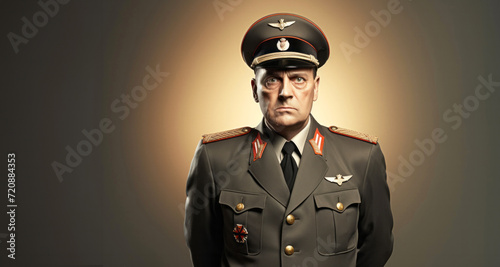 Portrait of a mature man dressed as a Soviet soldier on gray background