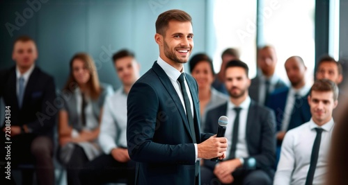 Businessman with microphone in conference hall. Business people and interview concept.