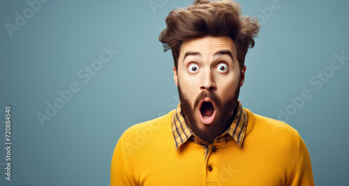 Portrait of a shocked young man in yellow shirt on blue background © YannTouvay