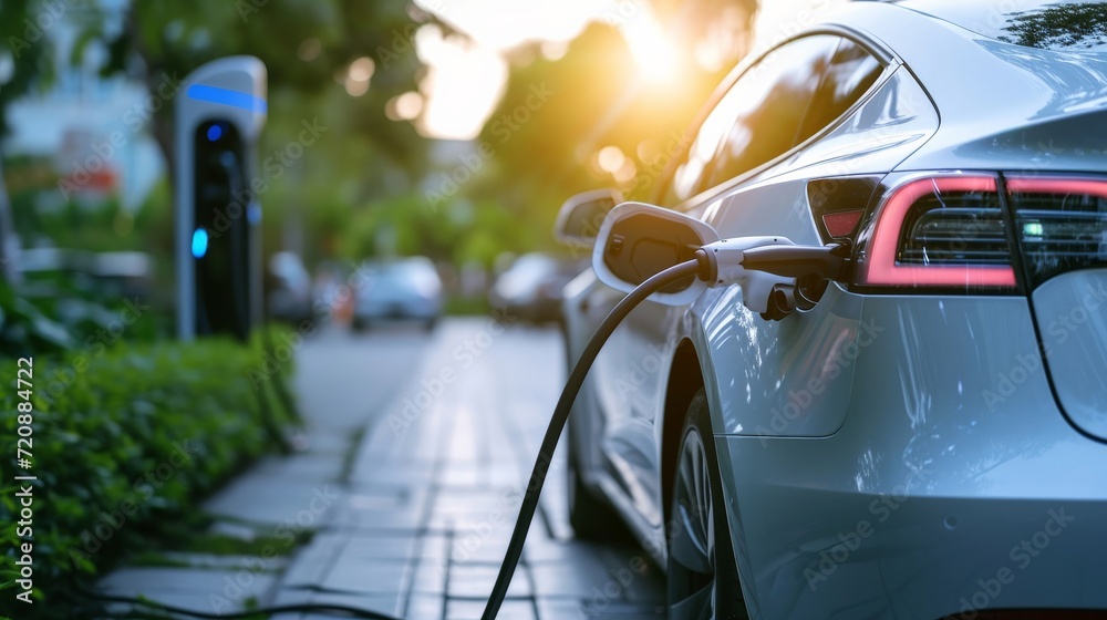 EV car plugged in charger and EV Charger station. Electric car charger station near the highway. Electric car. Zero emission car charging. Carbon free EV car plugged in charger and EV Charger station. Electric car charger station near the highway. Electric car. Zero emission car charging. Carbon free