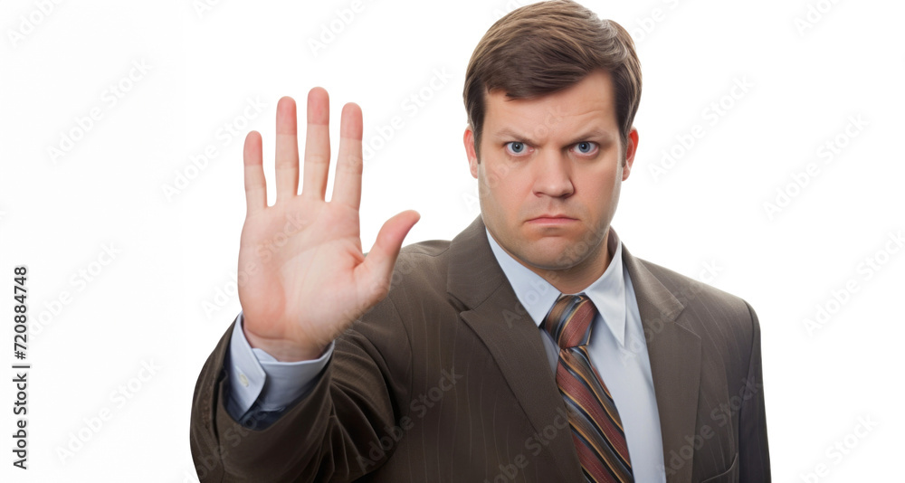 Portrait of young businessman gesturing stop with hand isolated on white background Portrait of young businessman gesturing stop with hand isolated on white background