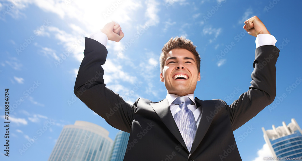 Portrait of a happy young businessman celebrating success over blue sky background Portrait of a happy young businessman celebrating success over blue sky background