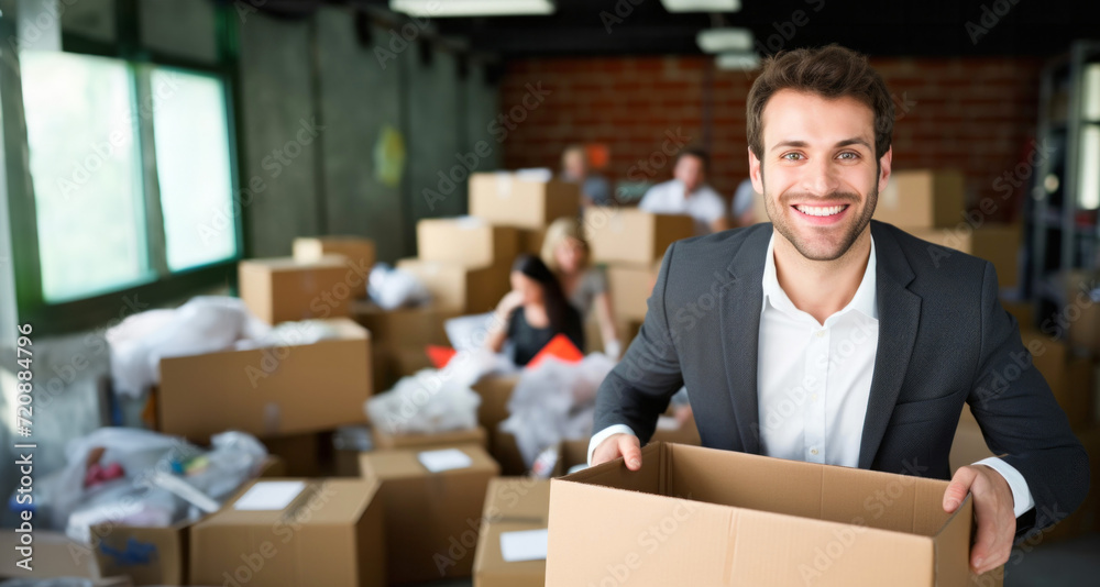 Portrait of smiling young businessman with cardboard box in hands in warehouse Portrait of smiling young businessman with cardboard box in hands in warehouse