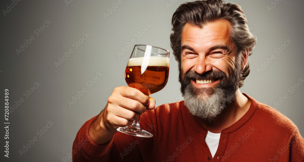 Handsome bearded man with a glass of beer on gray background Handsome bearded man with a glass of beer on gray background