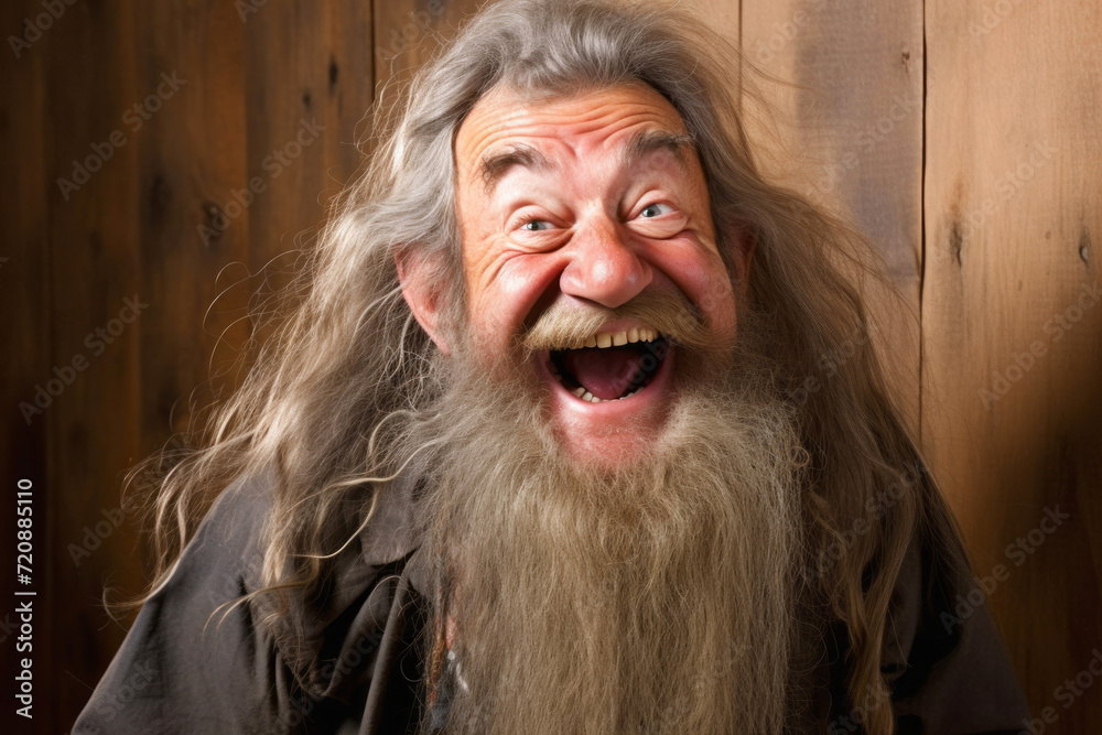 Portrait of an old man with long gray hair and beard on a wooden background