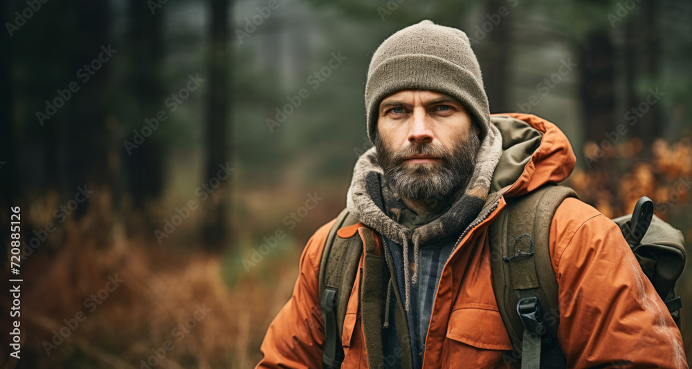 Portrait of a bearded man with a backpack in the forest.