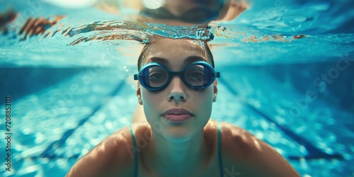 Female swimmer at the swimming pool.Underwater
